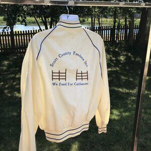King Louie Pro Fit XL Vintage Bomber Jacket Cream With Blue Accents Scott County